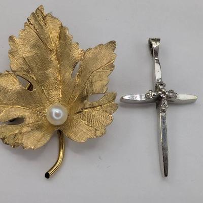 14K Gold Leaf Brooch & Cross Pendant 