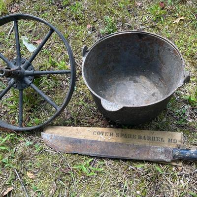 12 Qt. Cast Iron Stew Pot- 16” Cast Iron Wheel - Vintage Machete 