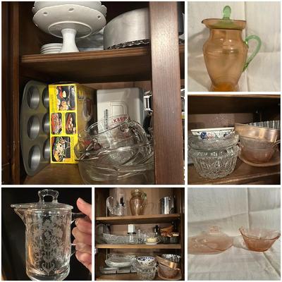 Cabinet Lot of Items: EAPG, Pyrex, Tiffin & More