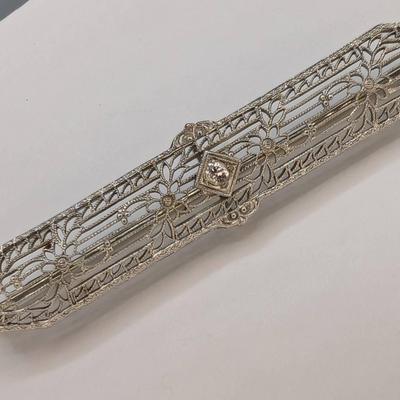 14K White Gold & Diamond Art Deco Bar Pin