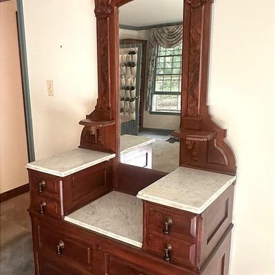 Antique Victorian Marble Top Dresser - Hand Carved Walnut