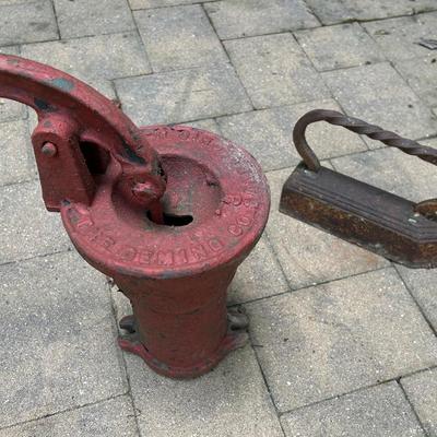 Antique Deming Cast Iron Hand Water Pump And Heavy Cast Iron Twisted Handle Sad Iron