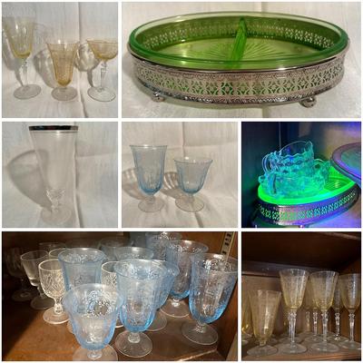 Lot of Etched Glassware: Fostoria, Uranium Glass, & More