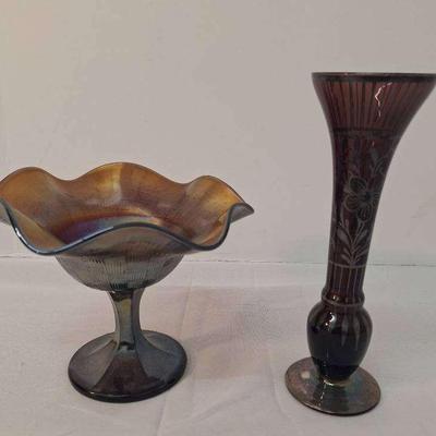 2 Antique Silver Overlay Amethyst Tulip Vase - Amethyst Carnival Basket Weave Compote 