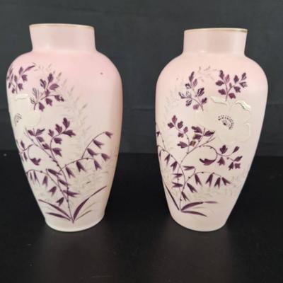 2 Antique Bristol Pink Satin Vases 