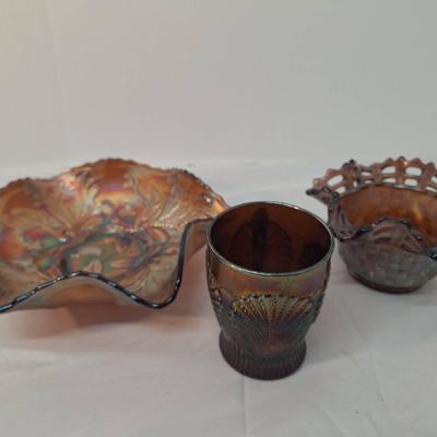 3 - Fenton Open Weave Ruffled Top Basket - Dugan Shell Carnival Glass - Carnival Ruffled Compote 
