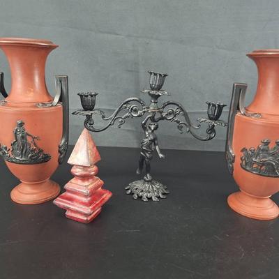 2 Bohemia Earth Ware Vases - Ornate Metal Candelabra - Metal Final