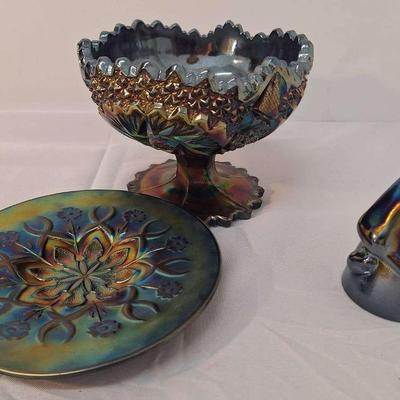 Fenton Carnival Bottoms Up Shot Glass - Sawtooth Compote - Wishbone and Spades Glass Chop Dish