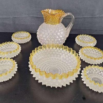 Hobbs Brockunier & Co Frances Ware Yellow Frosted Hobnail. Pitcher. Bowl - and 5" Bowls 