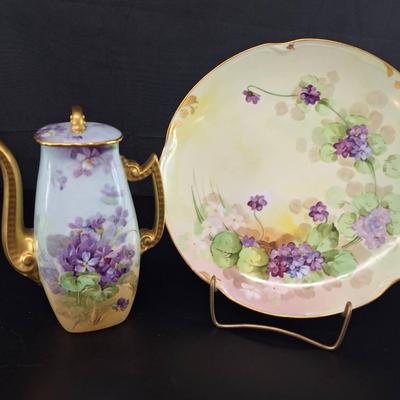 2 Hand Painted Louise Bavaria Plate - T&V Coffee Pot Marked Limoges 