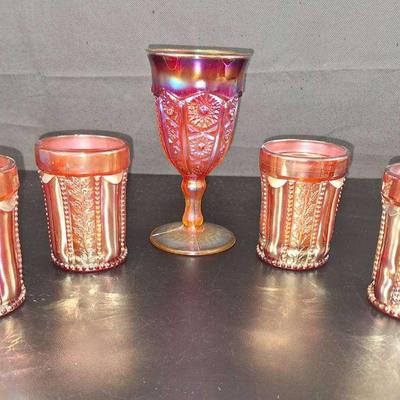 5 Indian Glass Carnival Iridescent Amberine Starburst - 4 Tumbler Glasses - Tulip Glass 