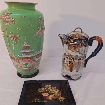 3 Vintage - Japanese Chocolate Pitcher - Made in Japan Large Green Vase  