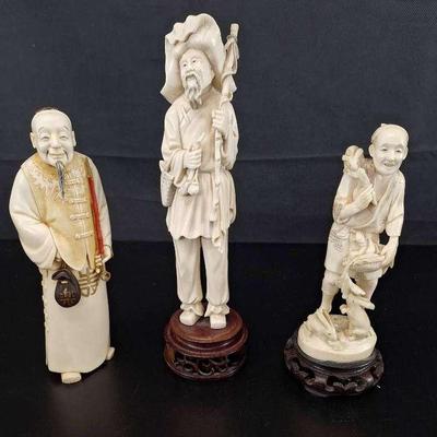 Set of 3 Ivory Statures - Chinese Ivory Carved Fisherman with Hardwood Vase