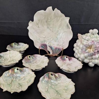 7 RS Prussia Lily of the Valley Lusterware Bowls - Royal Bayreuth Bisquit Jar with Pearlized Grapes