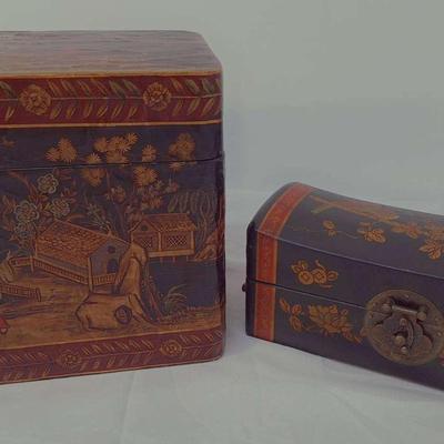 2- Chinese Black Lacquer Box with Intricate Design - Black Wooden Box