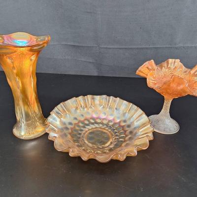 3 Vintage Carnival Marigold Persian Medallion Compote - Bullseye Rib Vase - Coin Dot Bowl