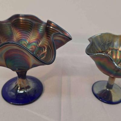 2 Blue Fenton Carnival Peacock Tail Pedestal - Holly Candy Dish