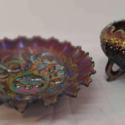 Vintage Iridescent 3 Footed Orange Tree Rose Bowl - Carnival Ruffled 3 Fruits Bowl Basket 