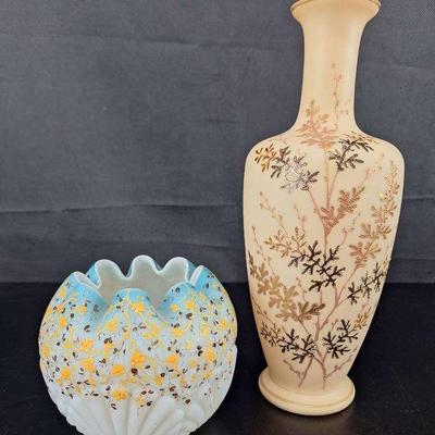 2 Vintage Vases - Blue Satin Shell and Seaweed Rose Bowl - 12" Satin Ivory Gold Vase 
