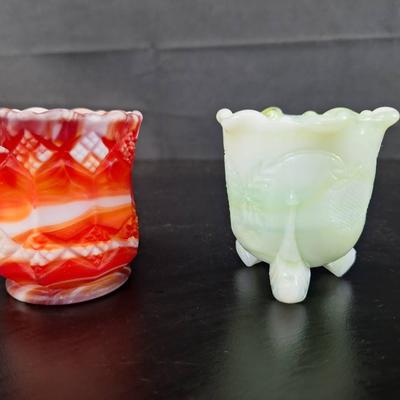 2 - Vintage Harold Bennett Guernesy Green & White Inverted Strawberry - Imperial Slag Swirl 
