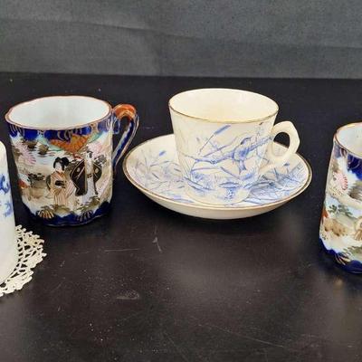 5 Vintage Hand Painted Teacups with Saucers