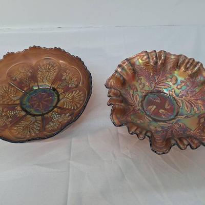 Amber Carnival Ruffled Glass Bowl with Peacock and Grape - Fenton Thistle Pattern Marigold Bowl 