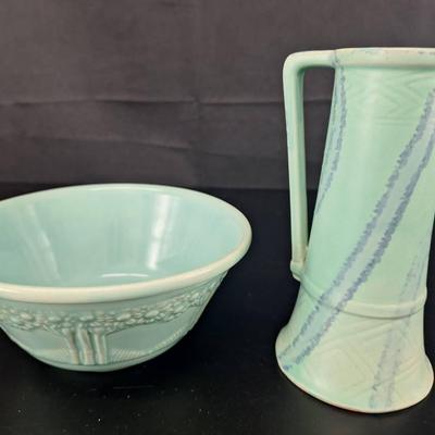 2 - 1936 Homer Laughlin Vintage Apple Tree with Colgate Green Glaze Bowl - 7" Pitcher 135MS
