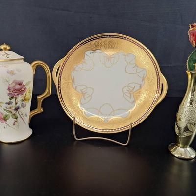 4- Acrylic Rose - Gold Sculptured Bud Vase - Royal Worchester Chocolate Pot - Gold Bavaria 