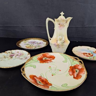 4 Vintage Hand Painted 1879-1880 H&C Limoges Chocolate Pot - Elite France Plate - 