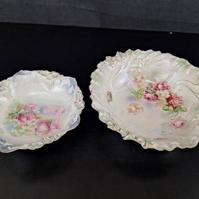 2 Hand Painted Bowls - Footed Bowl Marked HP Prusia - Footed HP Germany