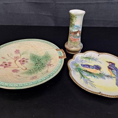 3 Vintage Majolica Plate -Royal Bayreuth Tapestry Scenic Bud Vase - Ucagco Japan 