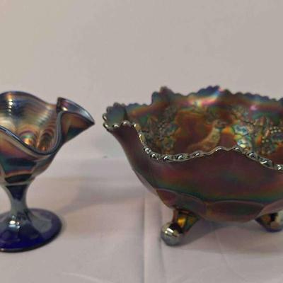 2 Vintage Fenton Carnival Blue Stage & Holly - Peacock Tail Compote 