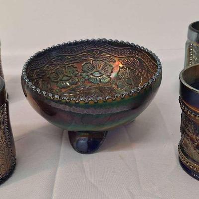 Blue Carnival Footed Bowl and 4 Glasses 