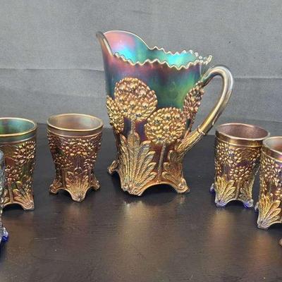 Fenton Cobalt Blue Carnival Glass Orange Tree Pitcher and Tumblers 