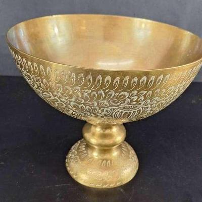 Large Brass Etched Footed Pedestal Dish Marked India