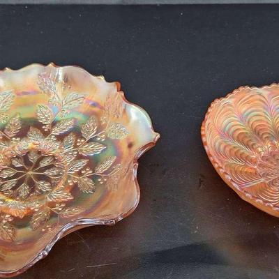 2 Fenton Carnival Holly Pattern Marigold Bowl - Peacock Tail Ruffled Bowl