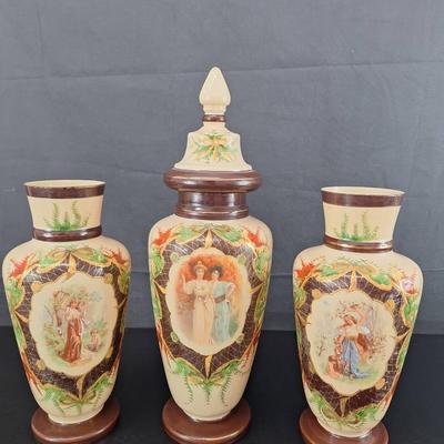 3 Vintage Hand Painted Large Bristol Vases Marked - 1 with Lid