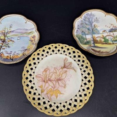 3 - 2 Japanese Tapestry Plates - Hand Painted Open Lattice Plate