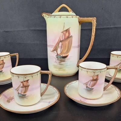 Vintage Hand Painted Nippon Porcelain Sailing Ships Choclate Pot with Cups and Saucers Tea Set