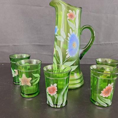 Northwood Set of 5 Hand Painted Frosted Green Panels and Large Hand Painted Pitcher