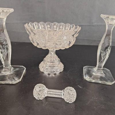 2 Crystal Etched Candle Sticks - Glass Knife Holder - Glass Pedestal Compote 