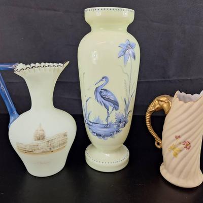 3 Vintage Vases - Germany RW with Gold Elephant Handle - Opaline - Blue Handled Marked Clustria 