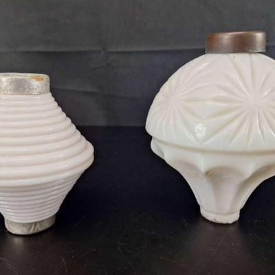 2 Milk Glass Lightening Rod Balls - Hawkeye - Ribbed Horizonal Ball