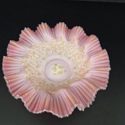 Vintage Fluted Ribbed Pink and Gold Bridal Bowl 