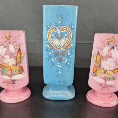 3 Unique Antique Bristol Vases 2 Pink & 1 Blue