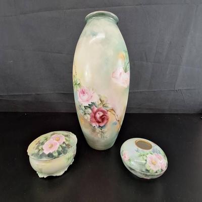 Vintage Hand Painted 15" Vase - B&C France - Hair Receiver - Powder Box 