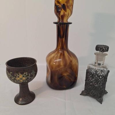 3 - Vintage Reticulated Perfume Glass/ Metal Bottle - Amber Decanter with Stopper  