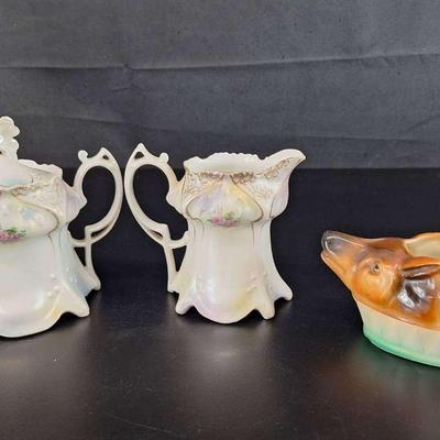 Rare 1800 Slovakian Potter Sauce Boat - Vintage Hand Painted Porcelain Cream and Sugar