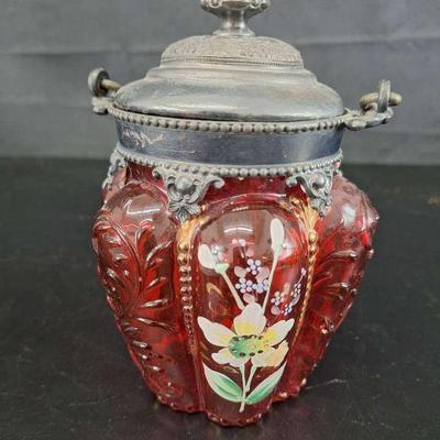 Queen City/ Northwood Cranberry Red & Enamel Jar
