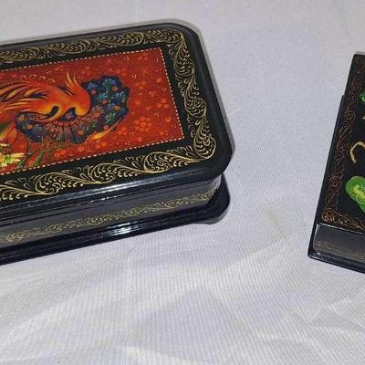 2 Vintage Russian  Black  Lacquer Trinket -  Nanex - Palekh Village "Rusalka"